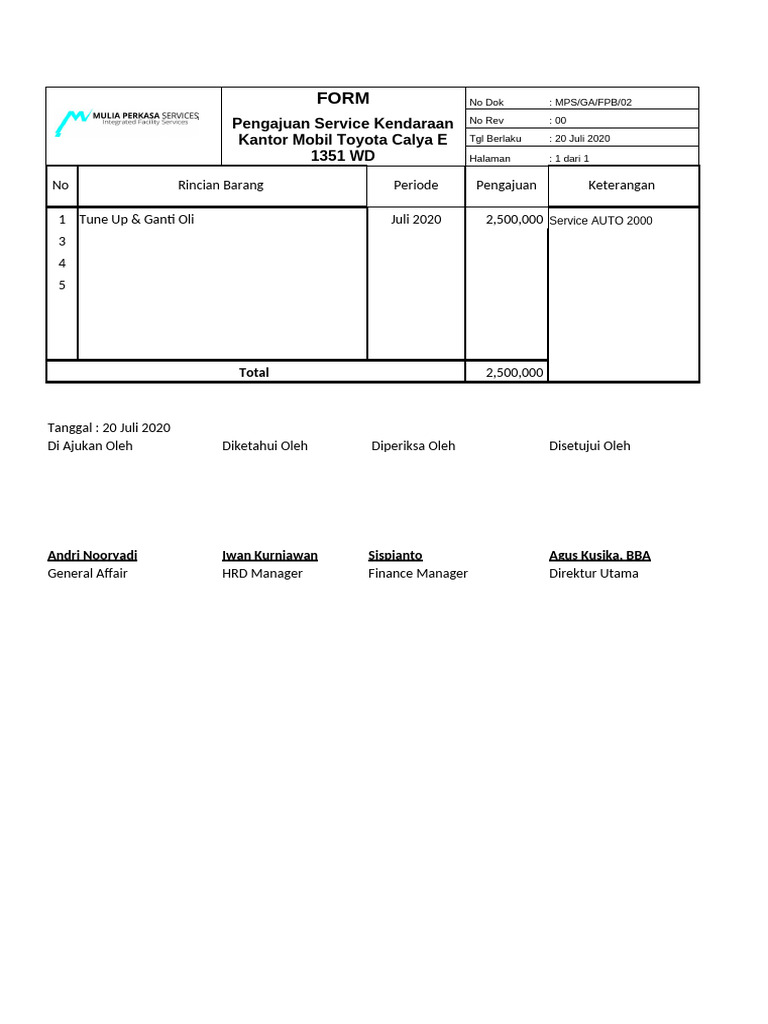 Form Pengajuan Service Kendaraan | PDF
