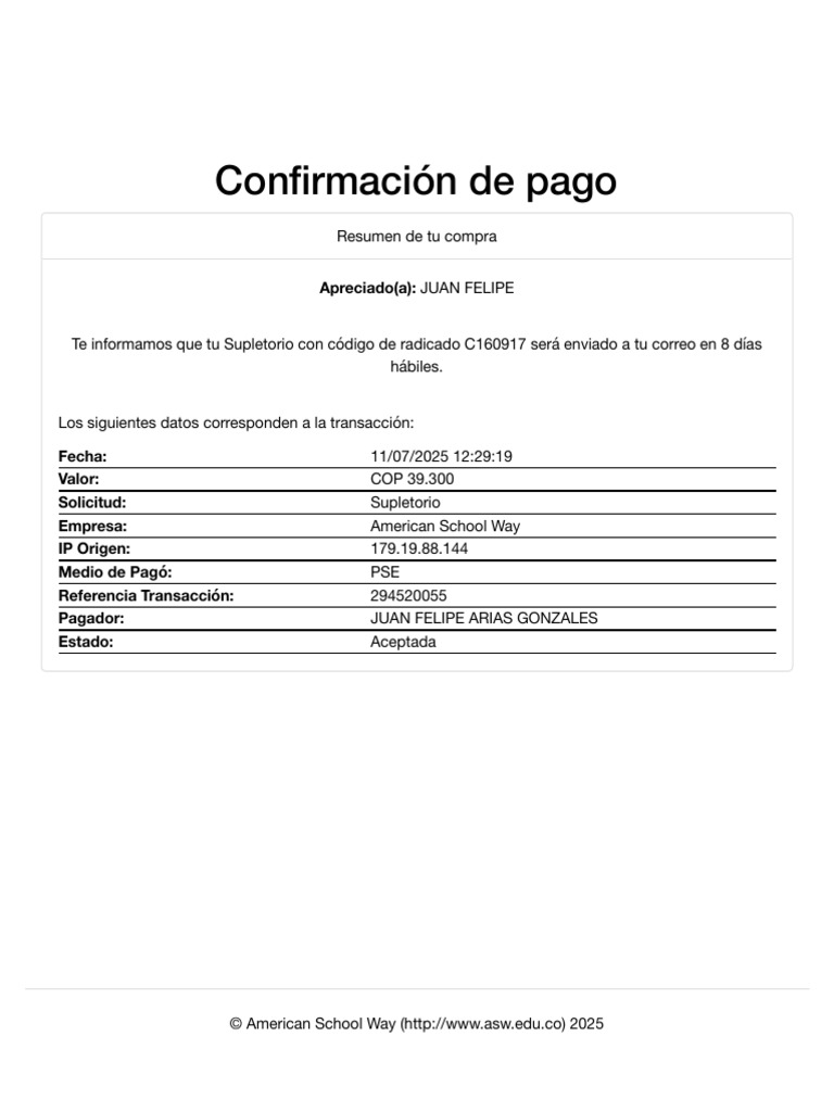 Confirmación de Pago Supletorio ASW | PDF