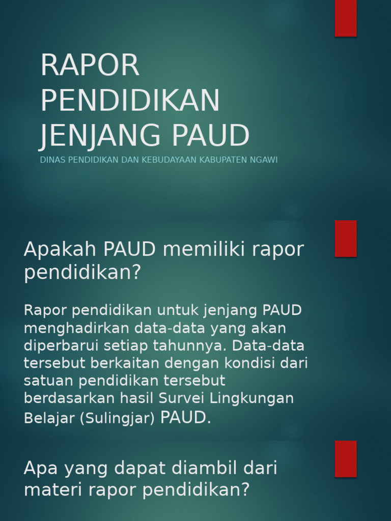 Rapor Pendidikan PAUD 2025 dan Sulingjar | PDF