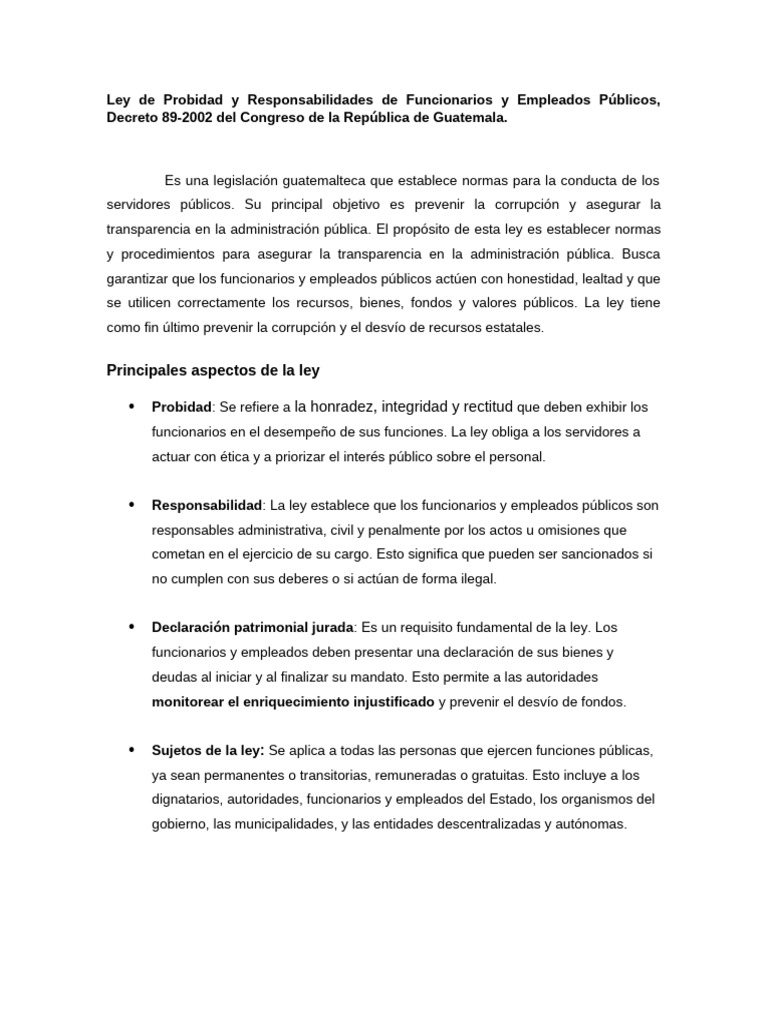 Ley de Probidad en Funcionarios Públicos | PDF | Responsabilidad | Gobierno