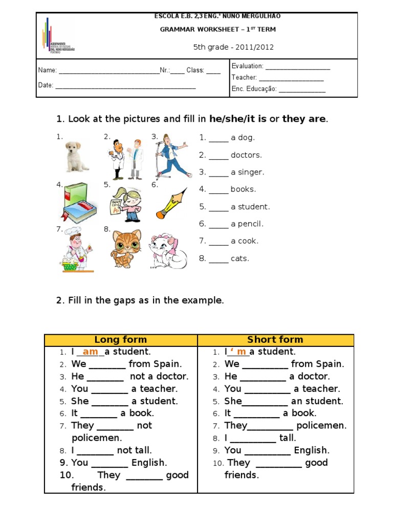 The Verb to Be Grammar Evaluation Worksheet