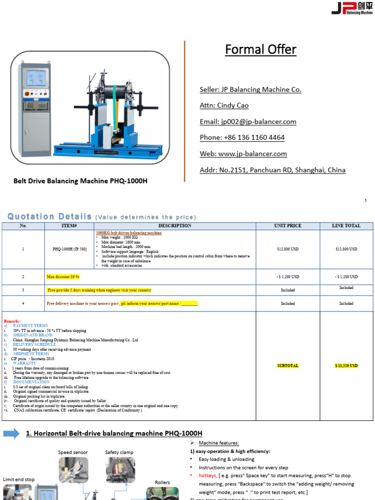 PHQ-1000H Belt Drive Balancing Machine Offer | PDF
