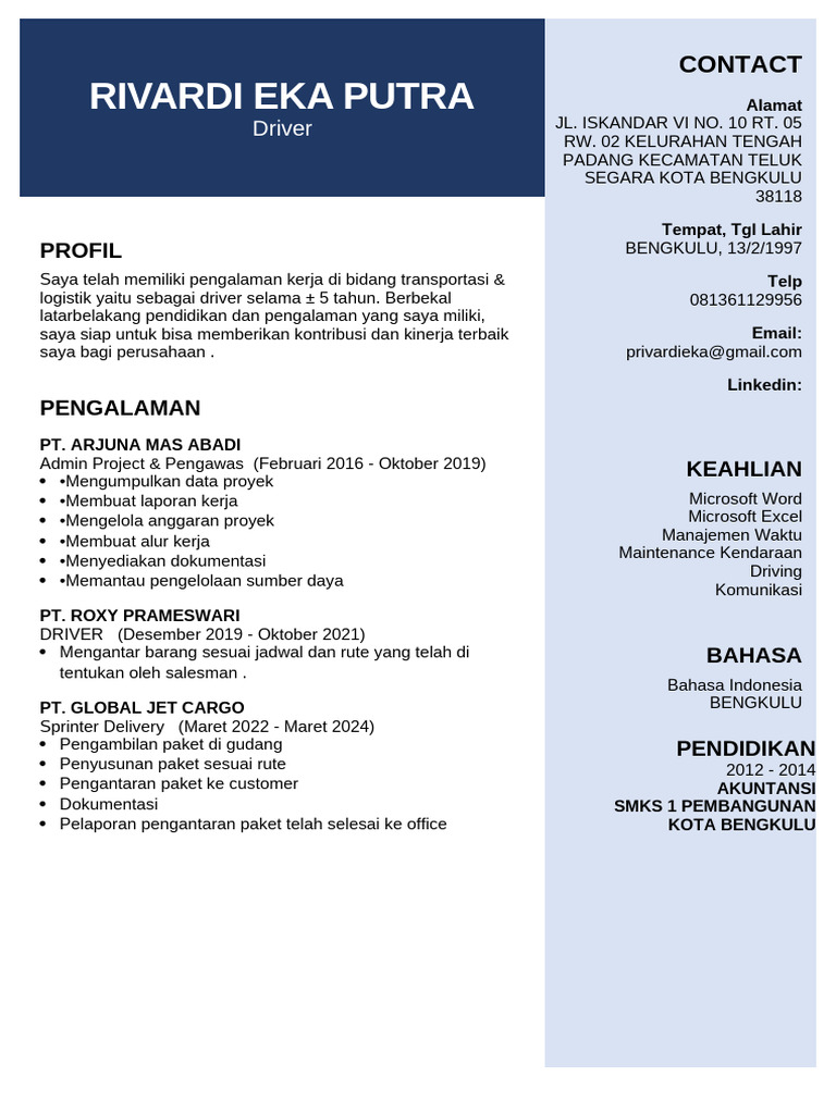 Profil Driver Berpengalaman di Bengkulu | PDF