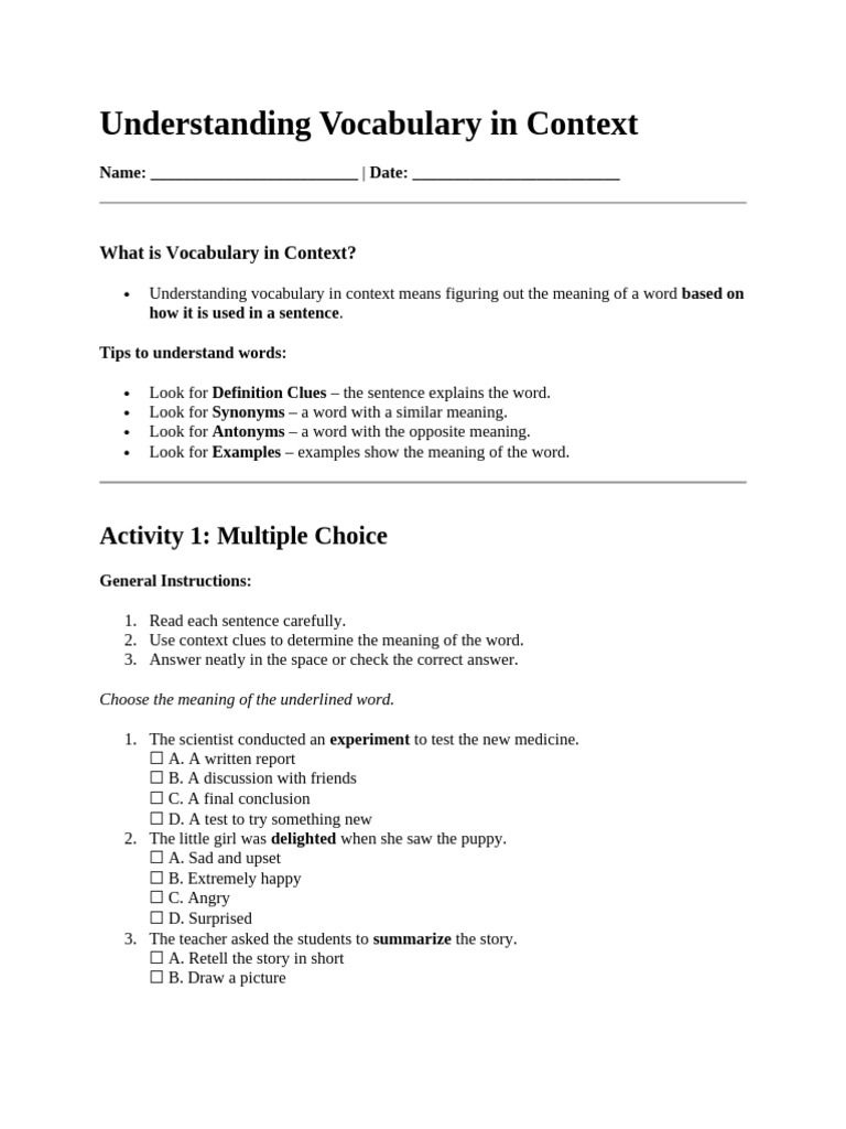 Understanding Vocabulary in Context | PDF