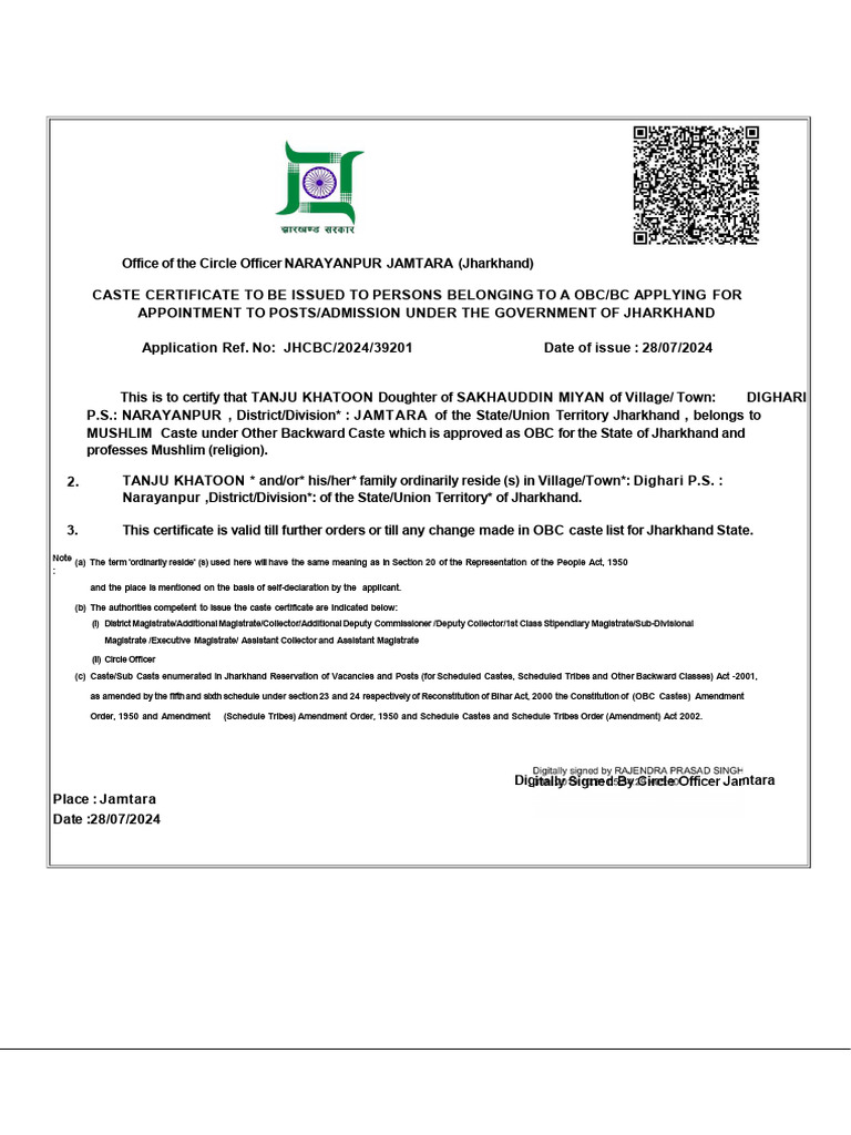 OBC Caste Certificate for Jharkhand | PDF