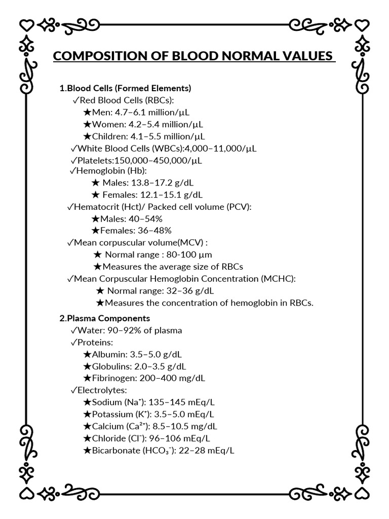 Normal Blood Component Values | PDF