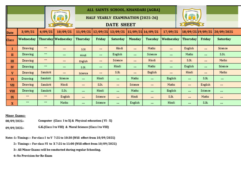 Half Yearly Exam Dates 2025-26 | PDF
