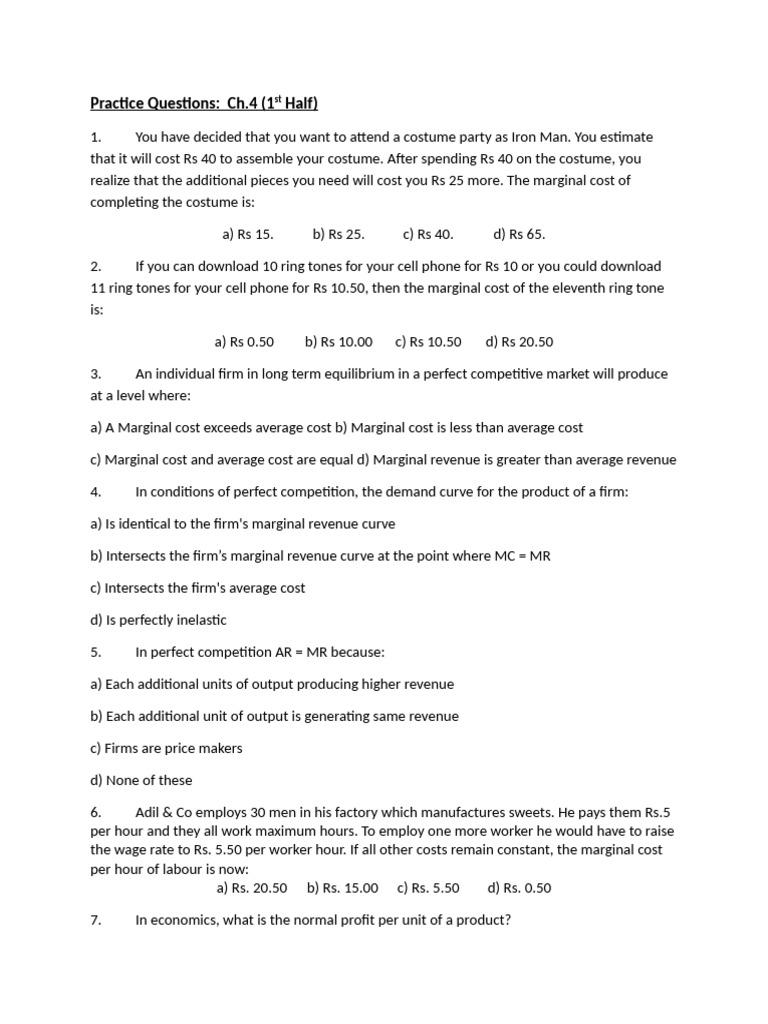 Practrice Chapter 4 First Half | PDF | Marginal Cost | Average Cost