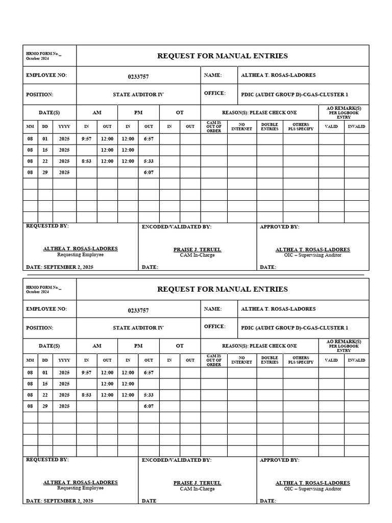Manual Entry Request Form for Employees | PDF