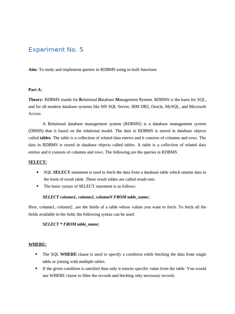 RDBMS Query Implementation Guide | PDF | Relational Database | Databases