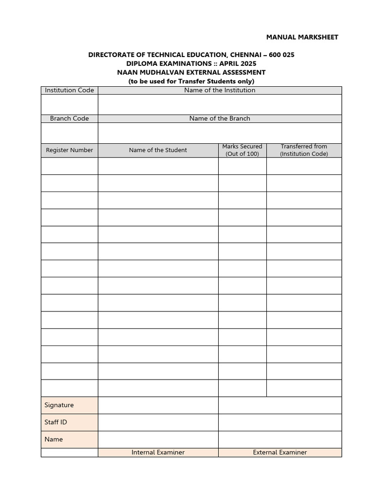 Diploma Exam Marksheet Template | PDF