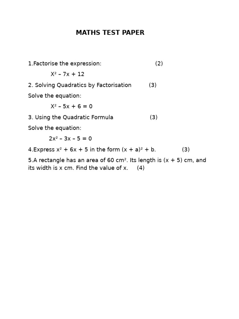 Maths Test Paper on Quadratics | PDF