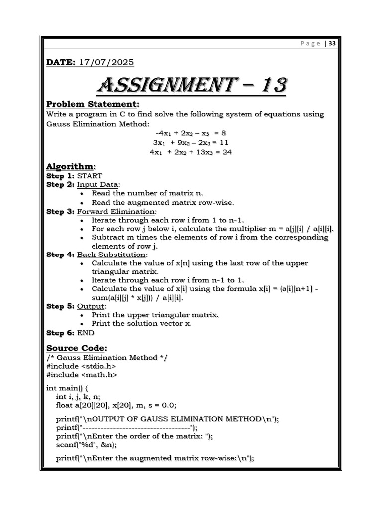 C Program for Gauss Elimination Method | PDF | Matrix (Mathematics ...