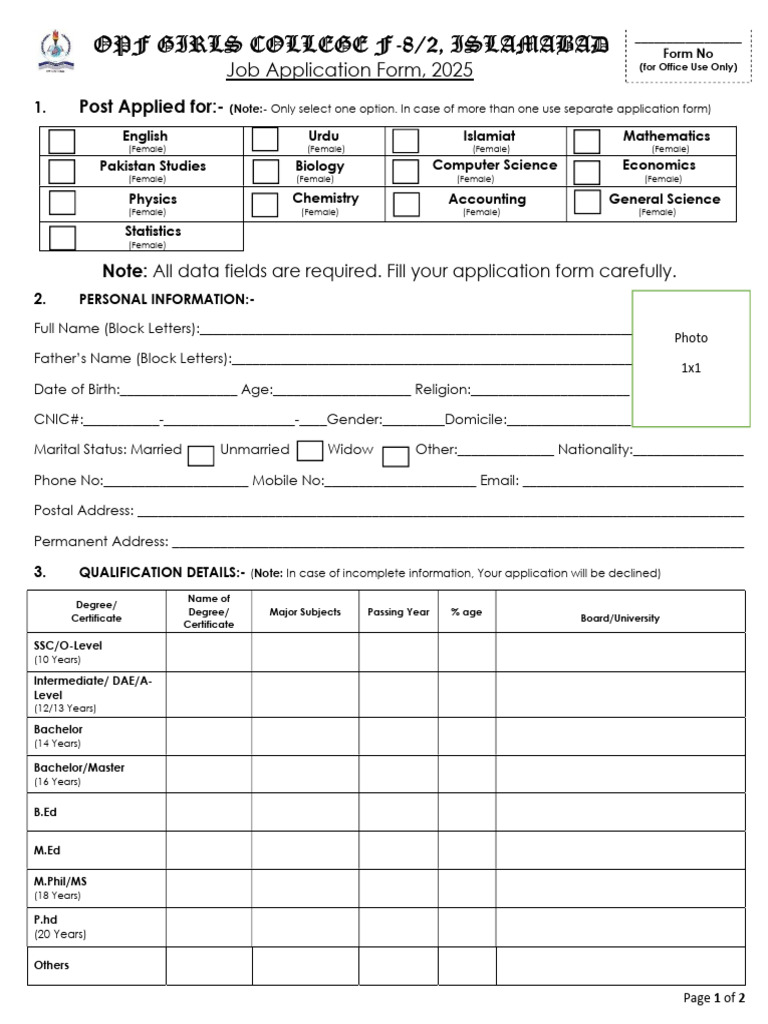 2025 Job Application Form for OPF College | PDF