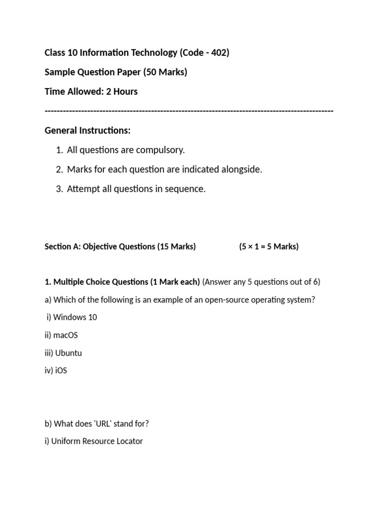 Class 10 IT Sample Question Paper | PDF | Spreadsheet | Microsoft Excel