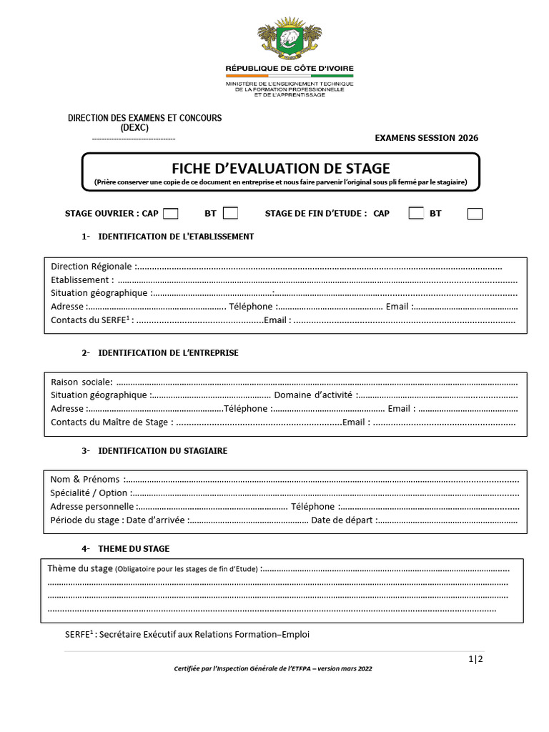 Fiche d'évaluation de stage CAP/BT 2026 | PDF