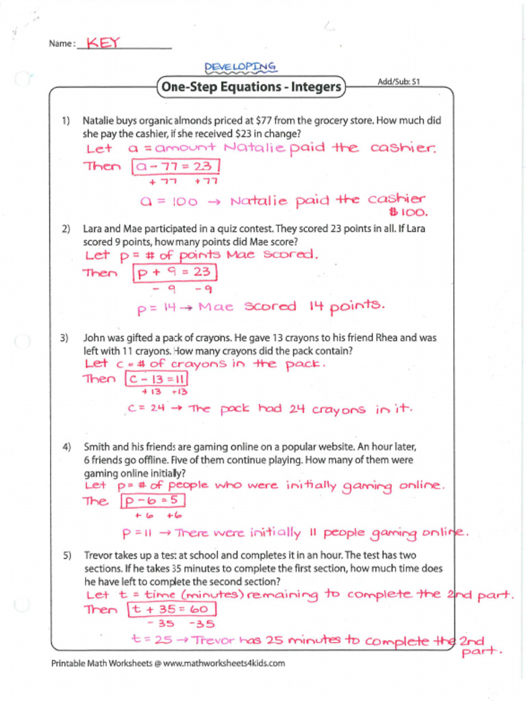 Lesson 6.2 Solving Word Problems Worksheet Key | PDF