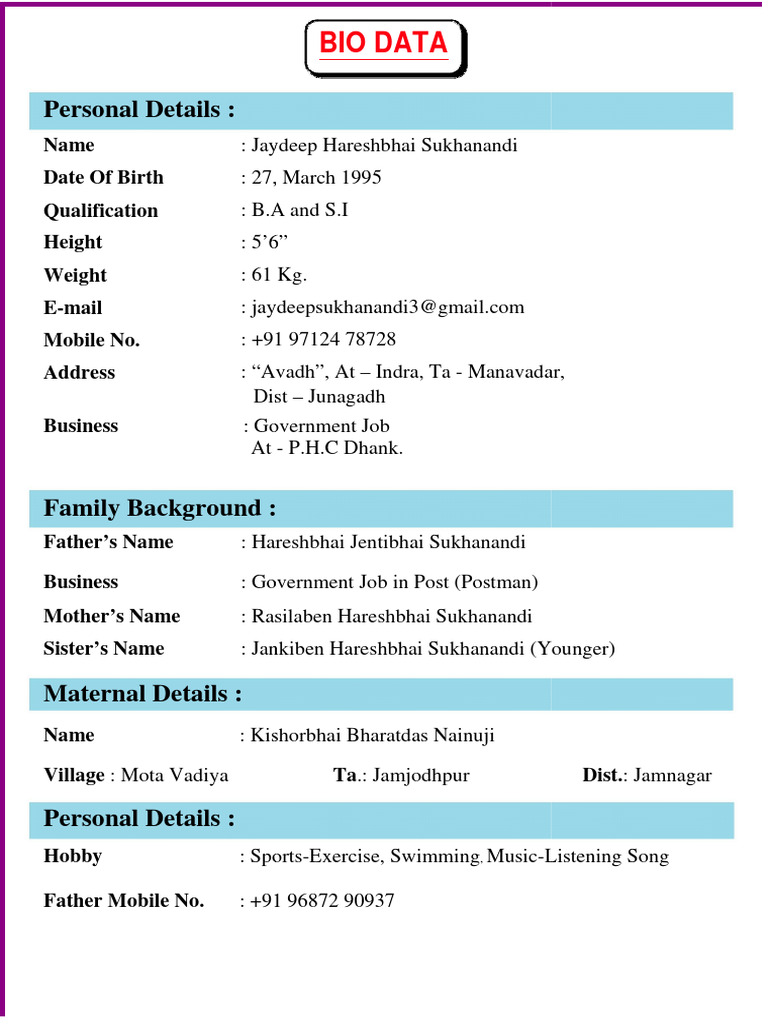 Jaydeep Sukhanandi Personal Bio Data | PDF
