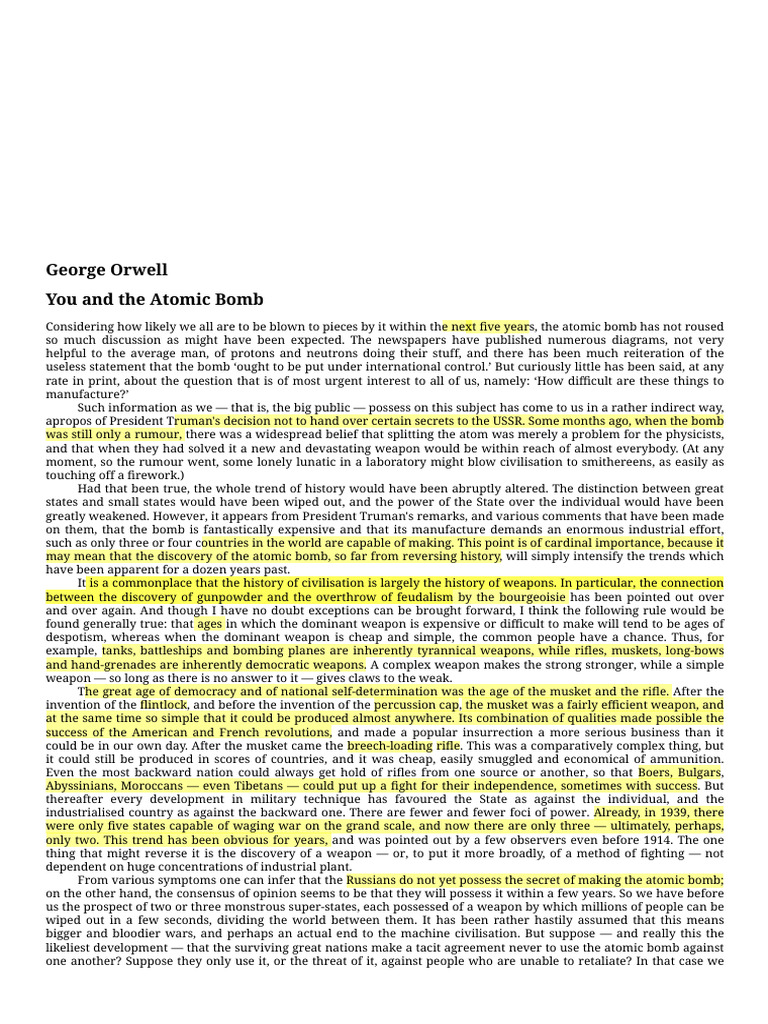 Orwell on the Atomic Bomb's Impact | PDF | Musket | Rifle