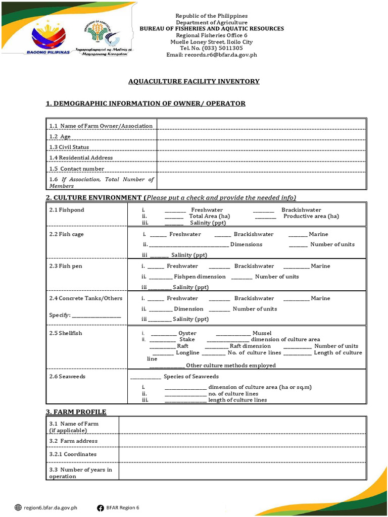 Aquaculture Facility Inventory Form | PDF | Aquaculture | Fish And Humans