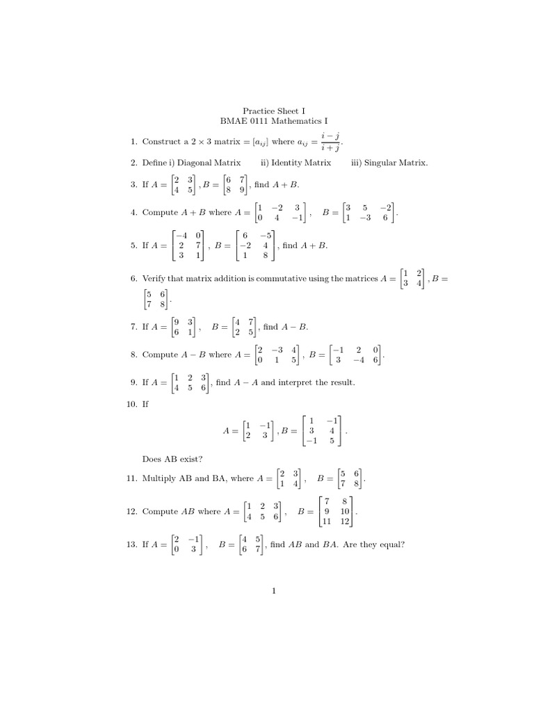 Matrix Operations Practice Sheet | PDF | Matrix (Mathematics) | Algebra