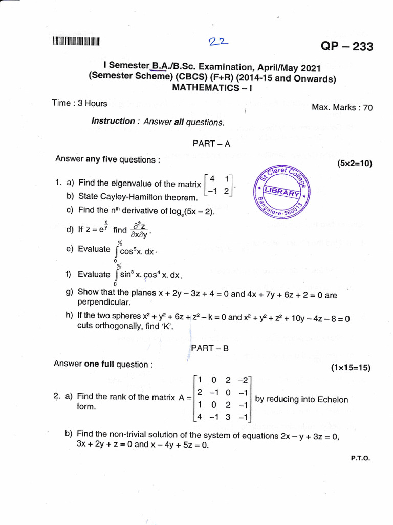 Mathematics Exam Paper - B.Sc. I Semester | PDF | Sphere | Geometry