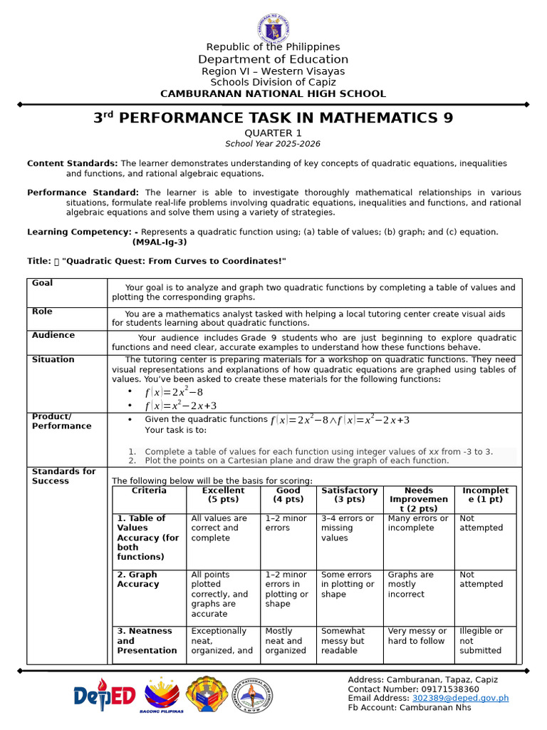 Math 9 Performance Task: Quadratic Functions | PDF | Equations ...