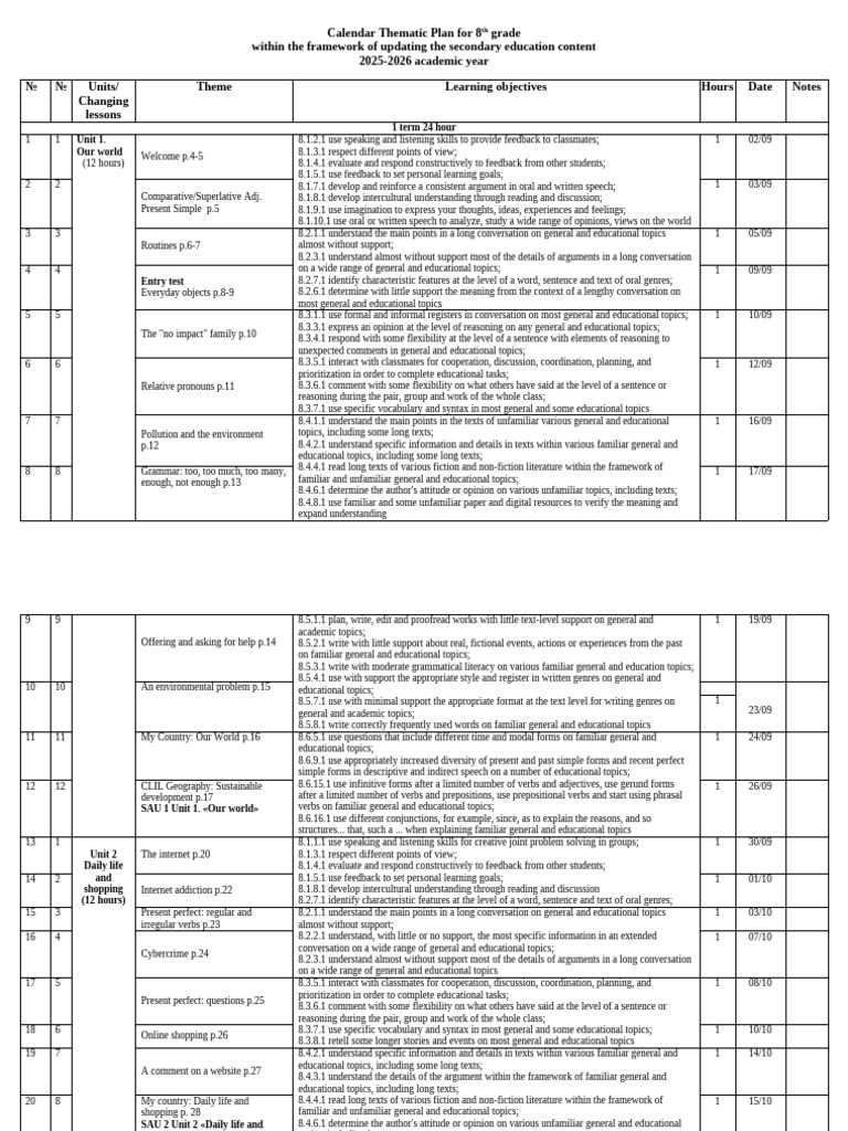 8th Grade Thematic Calendar Plan 2025-2026 | PDF | Verb | Adjective