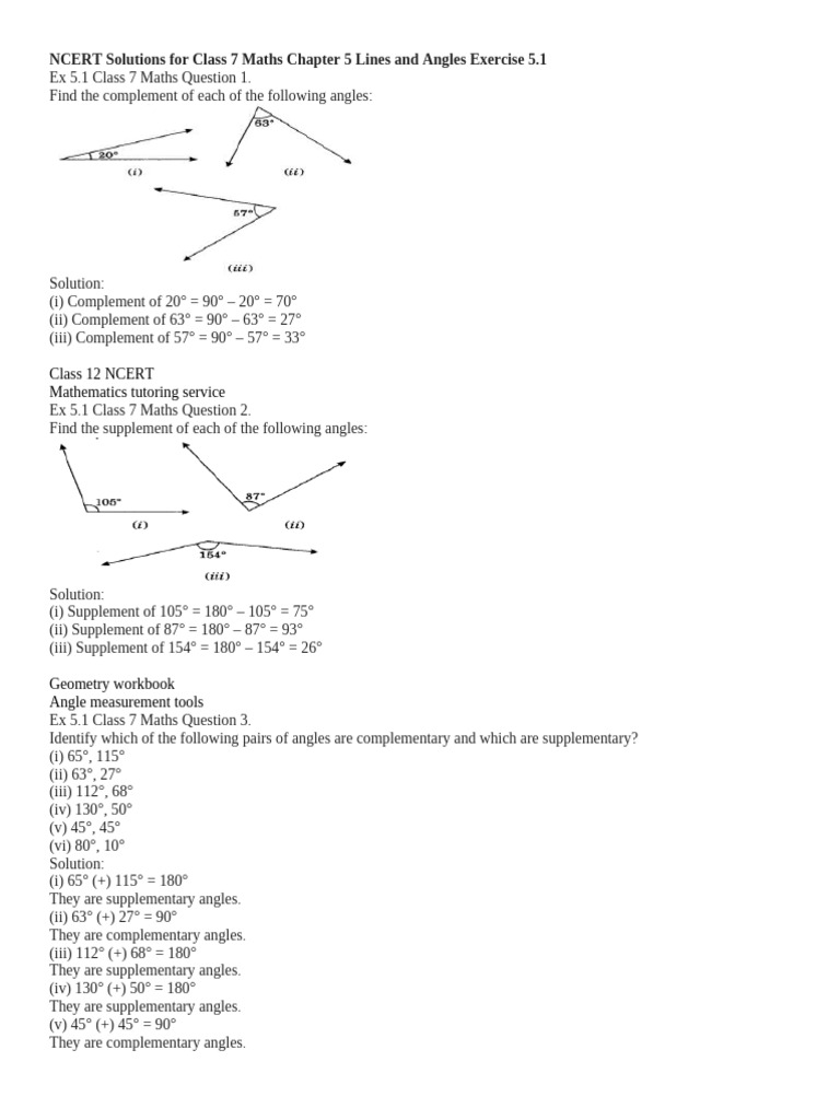 Class 7 Maths: Lines and Angles Solutions | PDF | Angle | Elementary ...