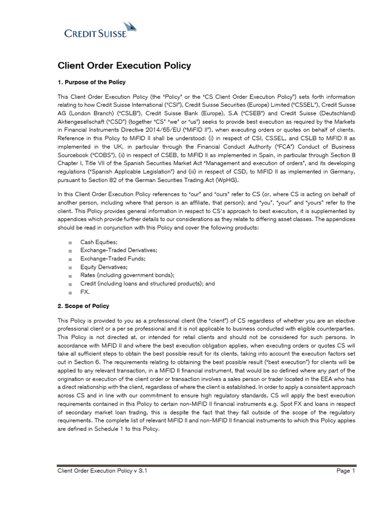 Client Order Execution Policy Credit Suisse | PDF | Derivative (Finance ...