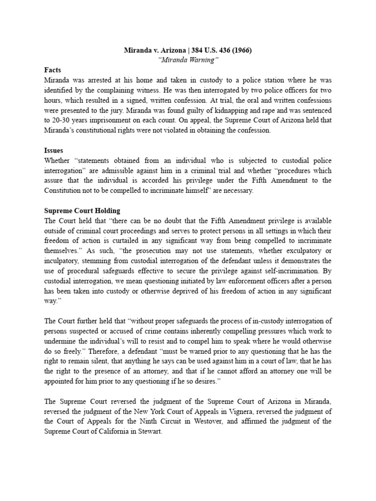 Miranda & Mapp V People (US) | PDF | Miranda Warning | Fifth Amendment ...