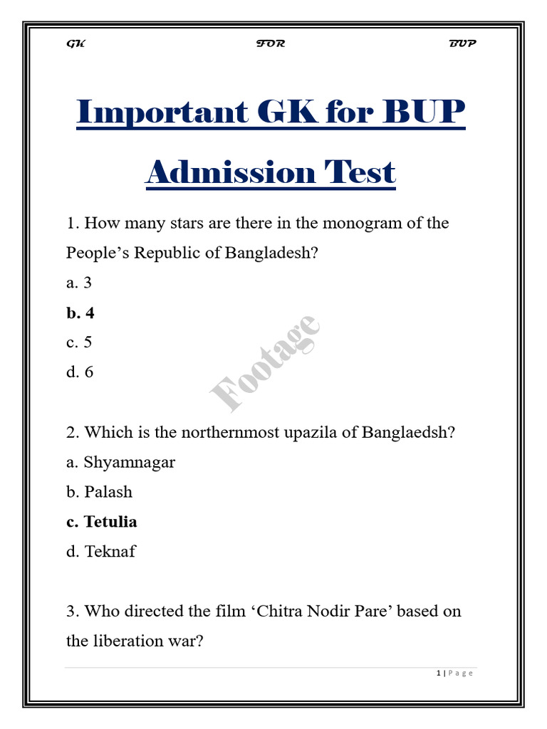 BUP Admission Test General Knowledge | PDF | Bangladesh