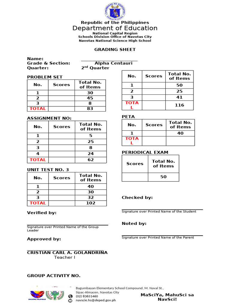 Navotas National Science High School Grading Sheet | PDF | Tests