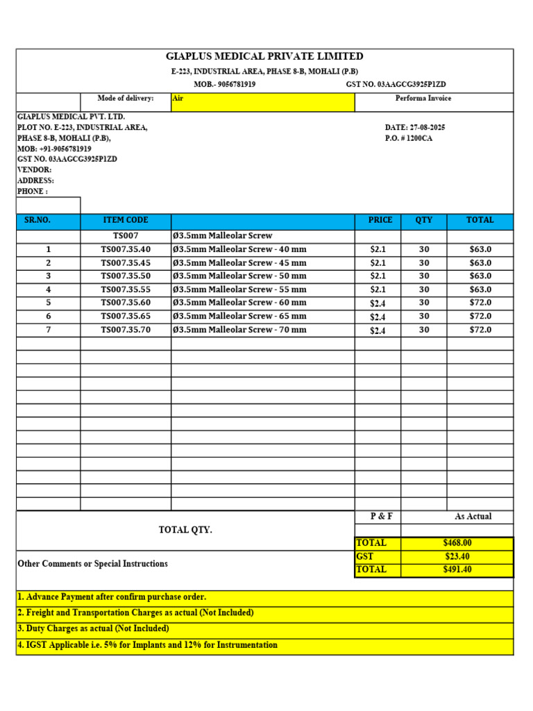 Malleolar Screw Purchase Invoice | PDF