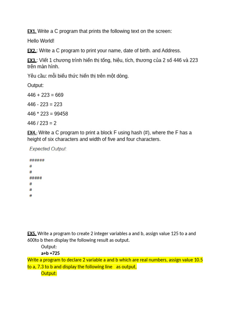 C Programming Exercises and Outputs | PDF