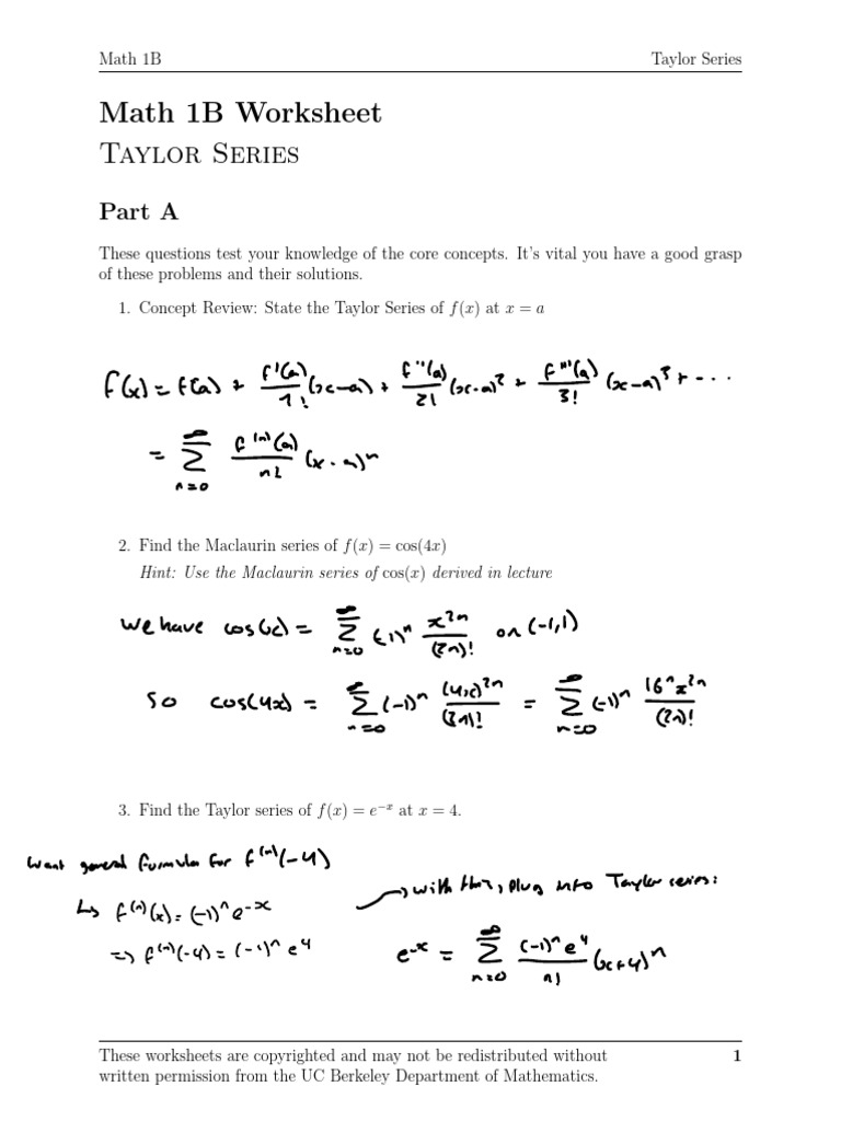 Taylor Series Worksheet for Math 1B | PDF | Calculus | Real Analysis