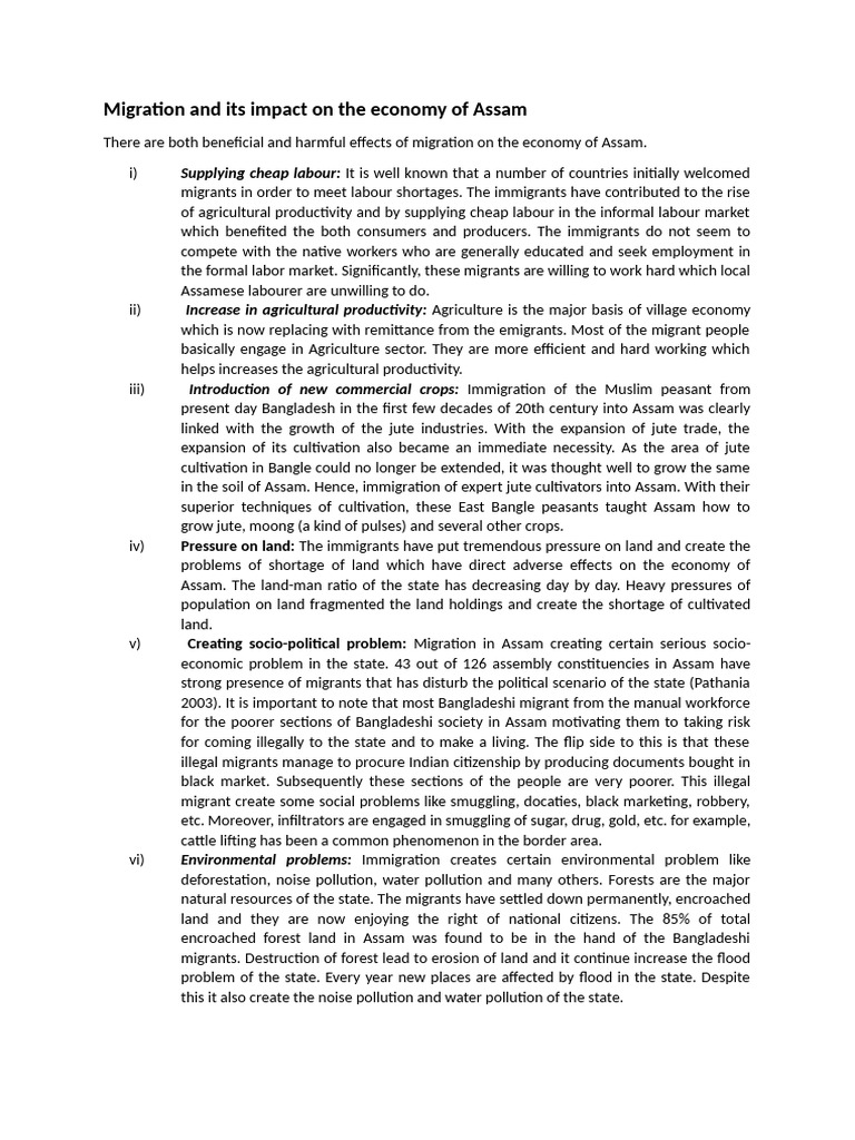 Impact of Migration on Assam's Economy | PDF | Immigration | Human ...