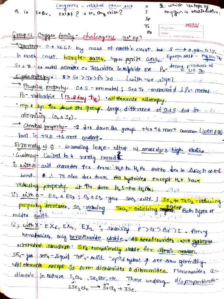 Oxygen Family - Inorganic Chem NCERT Notes Deepak AIIMSonian | PDF