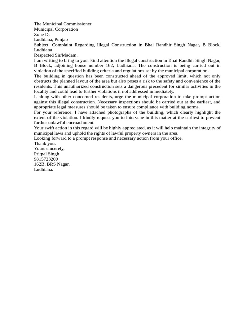 Illegal Construction Complaint | PDF