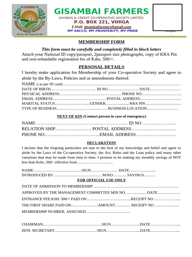 GISAMBAI Farmers SACCO Membership Form | PDF