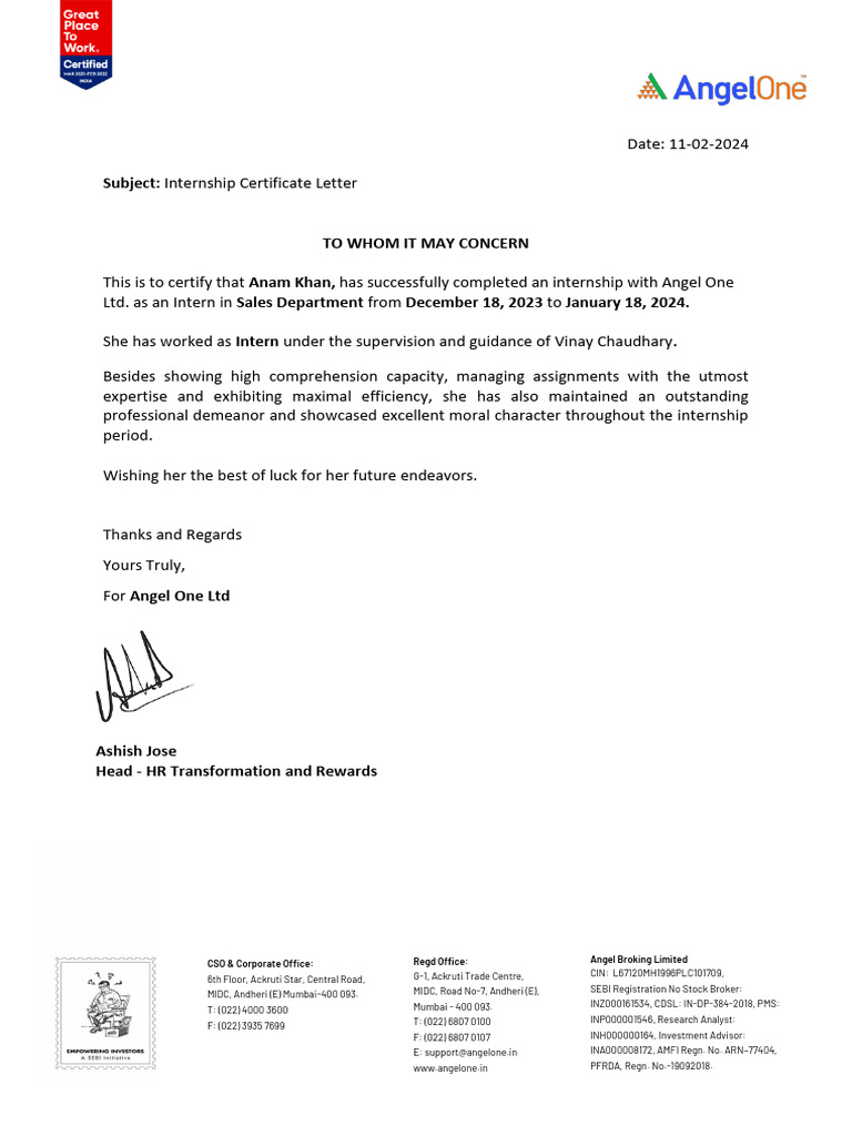 Internship Certificate for Anam Khan | PDF