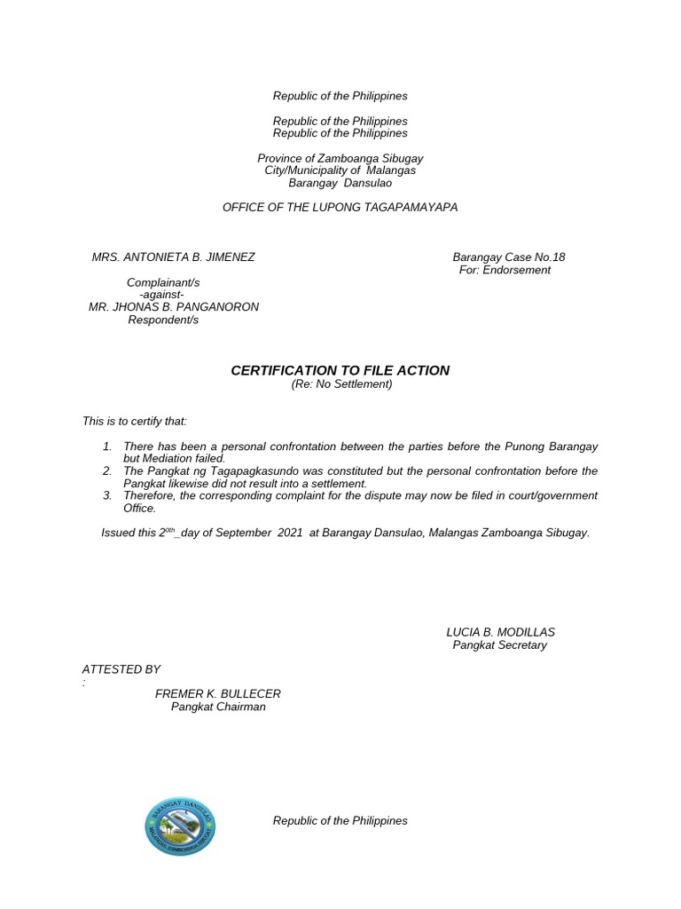 Certification to File Action in Malangas | PDF