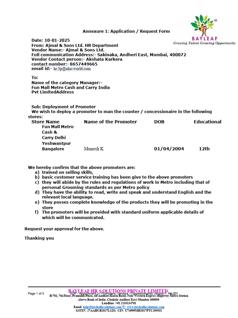 Promoter Deployment Request Form | PDF