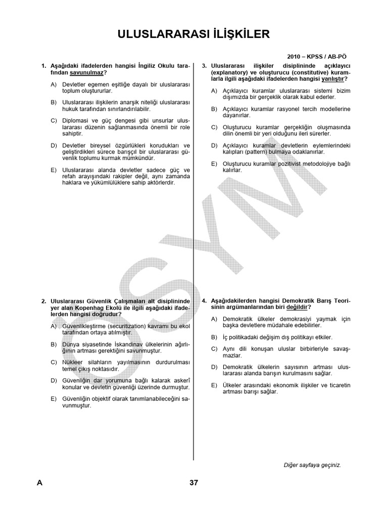 KPSS A Uluslararası İlişkiler Testi 2010 | PDF