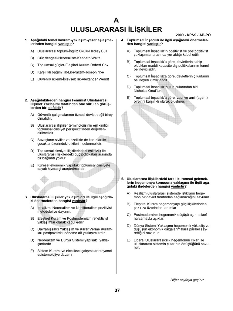 KPSS A Uluslararası İlişkiler Testi 2009 | PDF