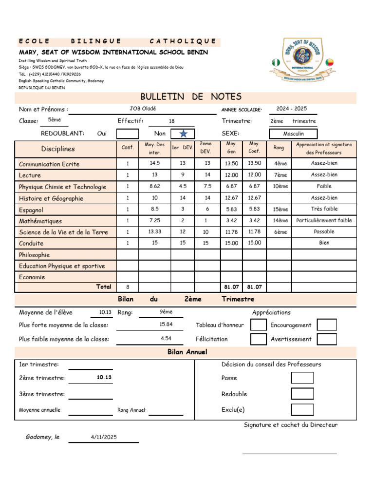 Bulletin de Notes - École Mary Benin | PDF | Sciences physiques ...