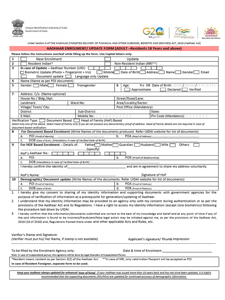 Aadhaar Enrolment and Update Form | PDF | Authentication | Security ...