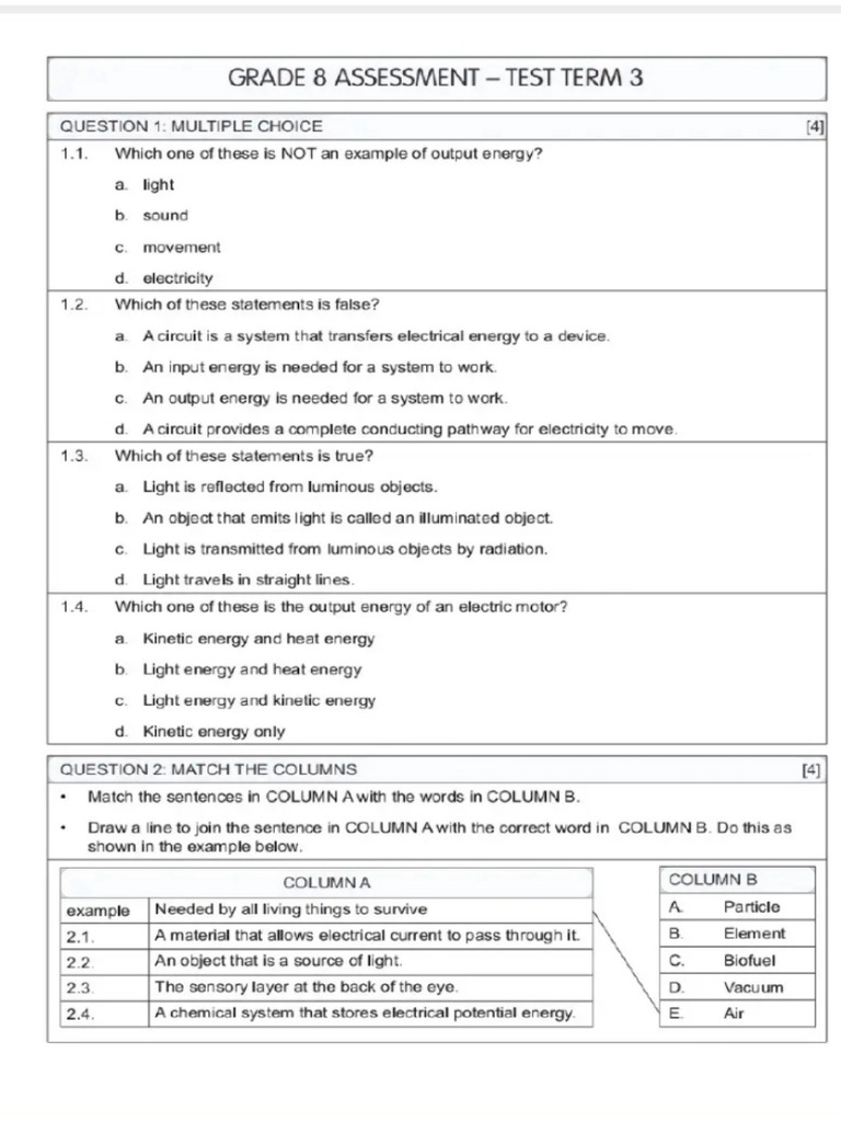 Natural Sciences Test Grade 8 Term 3 | PDF