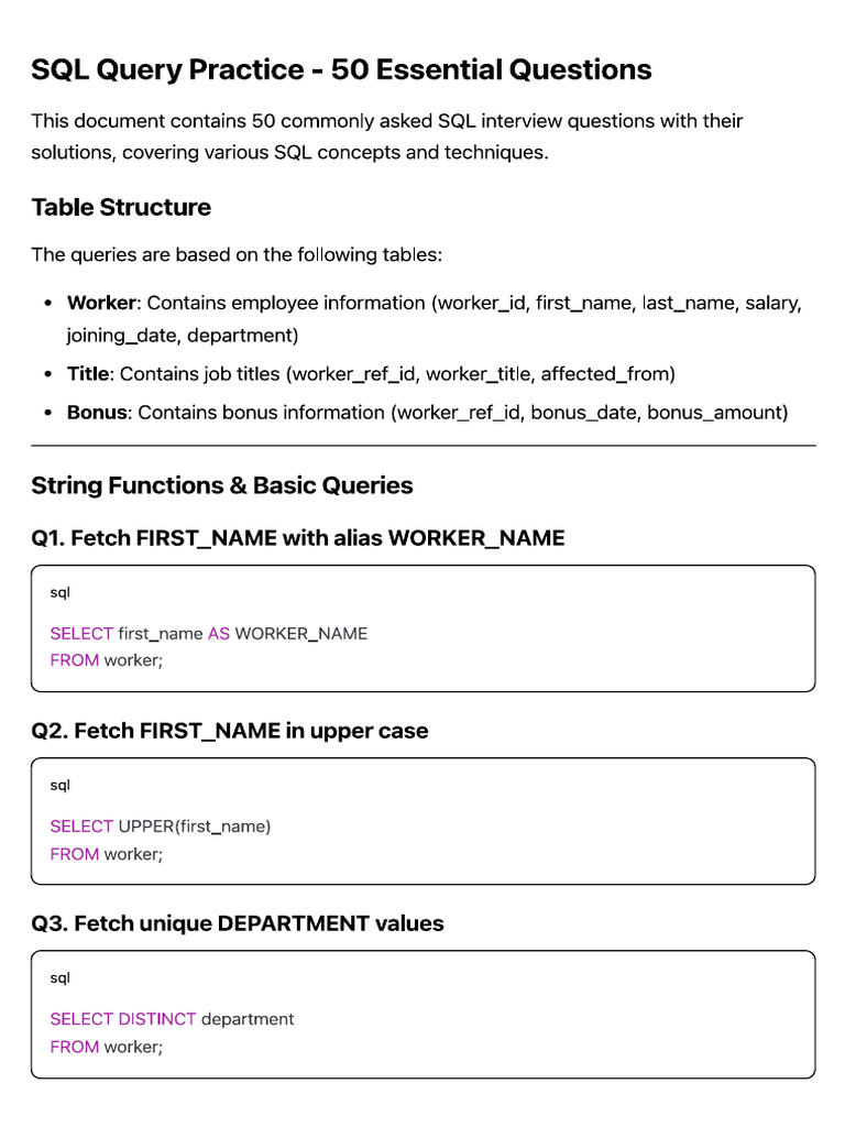 SQL Query Practice - 50 Essential Questions | PDF