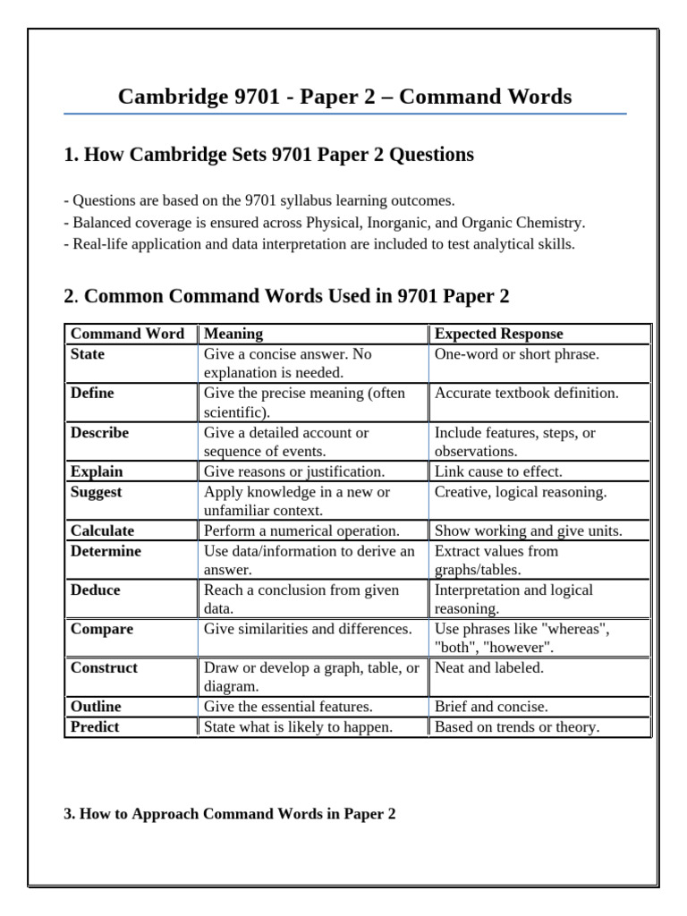 Cambridge 9701 Paper 2 Command Words Guide | PDF | Reason | Knowledge
